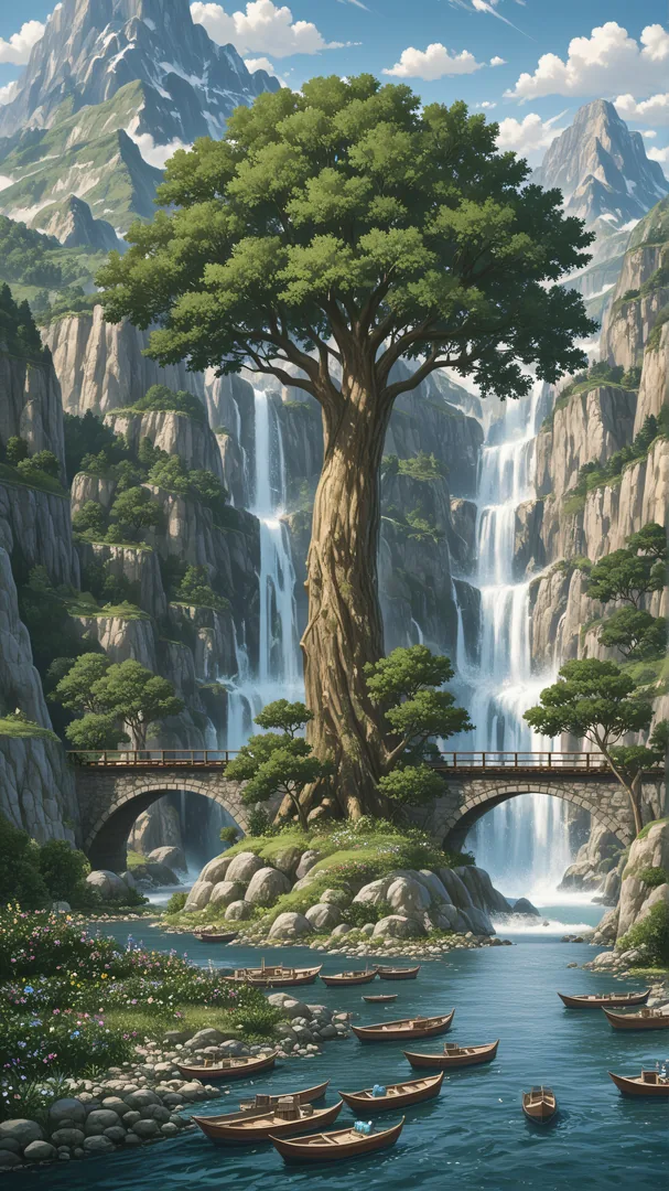 Árbol grande en medio de cascadas fluviales y puentes
