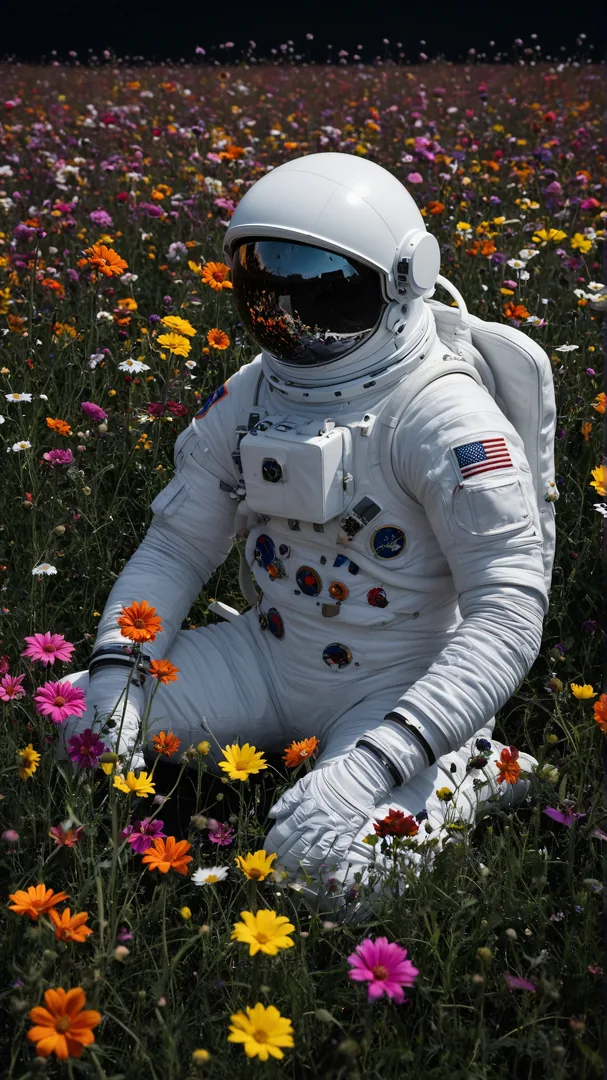 Astronauta en traje espacial sentado entre flores silvestres