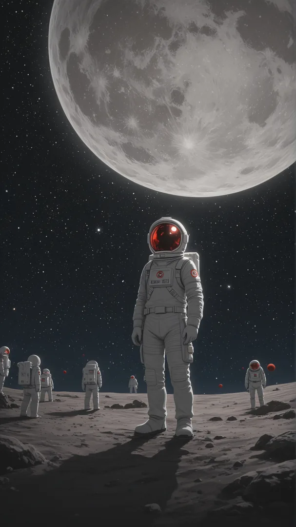Astronautas en superficie lunar con gran luna visible