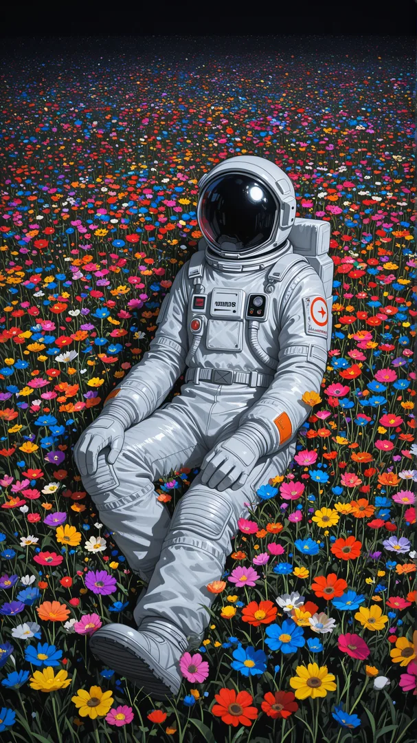 Astronauta en traje espacial sentado entre flores multicolores