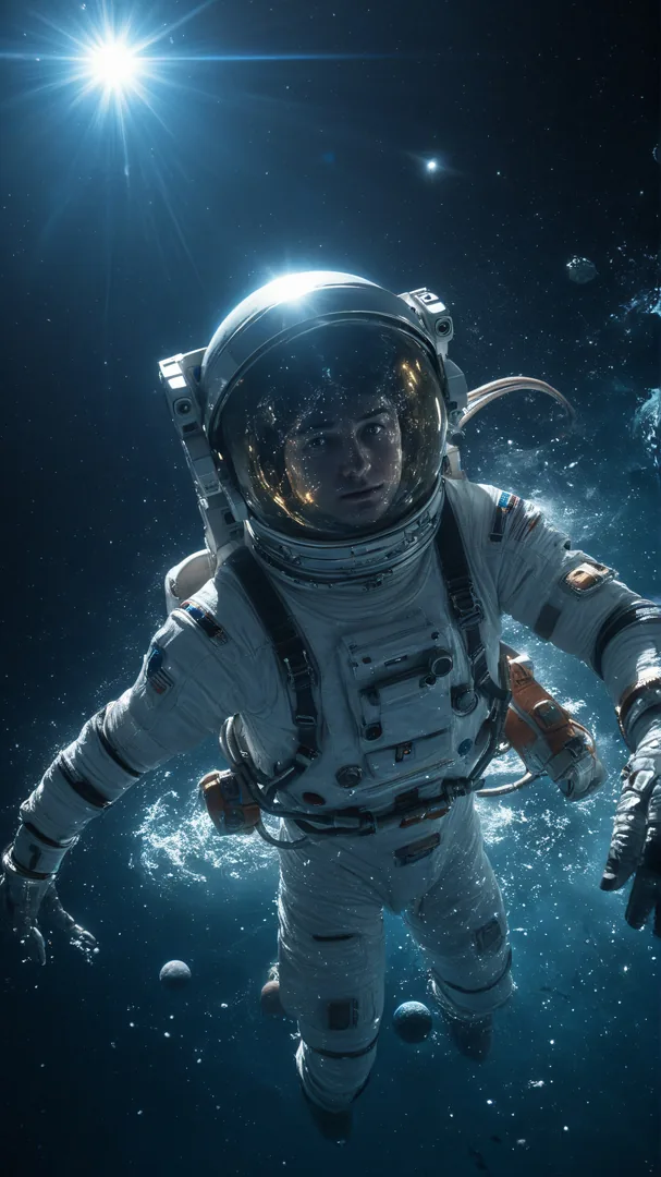 Astronauta en traje espacial rodeado de estrellas y cuerpos celestes