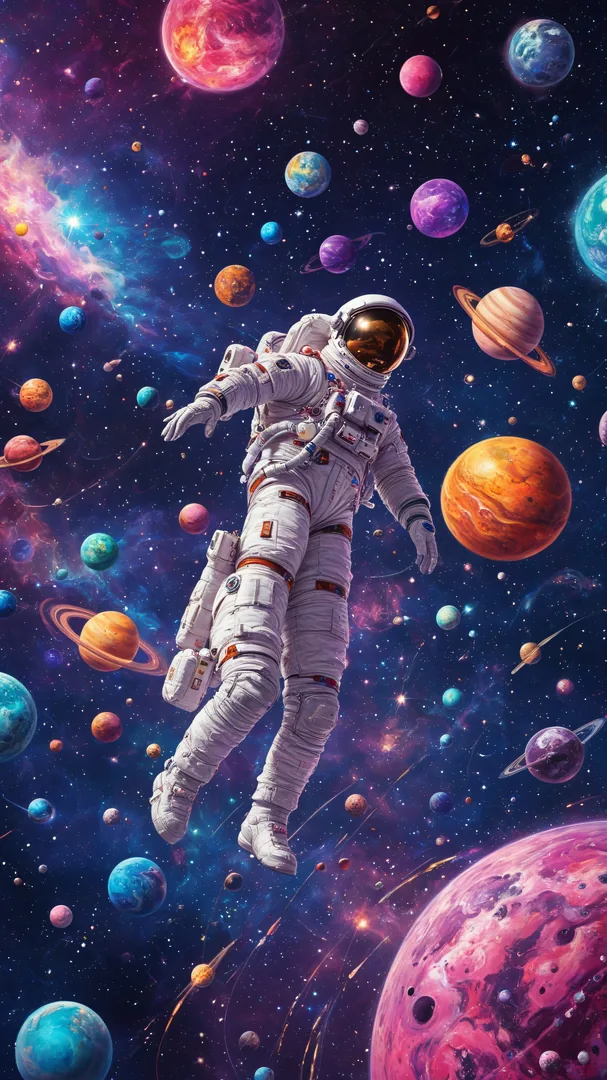 Astronauta en traje espacial entre cuerpos celestes multicolores