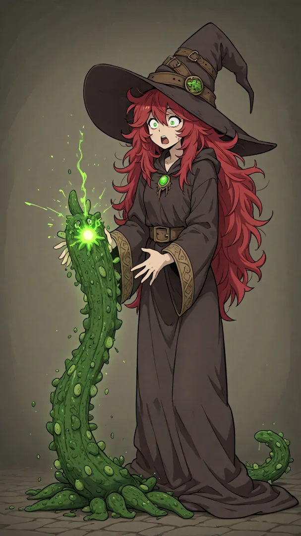 Bruja con capa larga y sombrero sosteniendo criatura verde luminosa