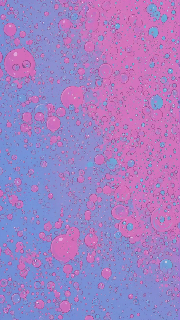 Burbujas rosadas y azules flotando en un fondo pastel