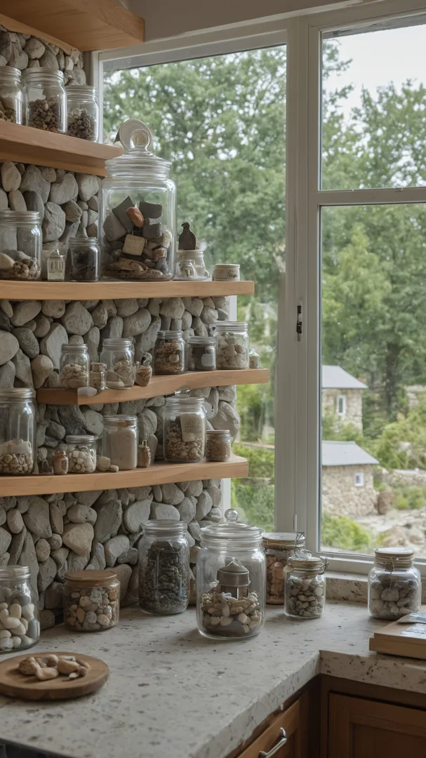 Estantería de madera con frascos de piedras en cocina junto a ventana