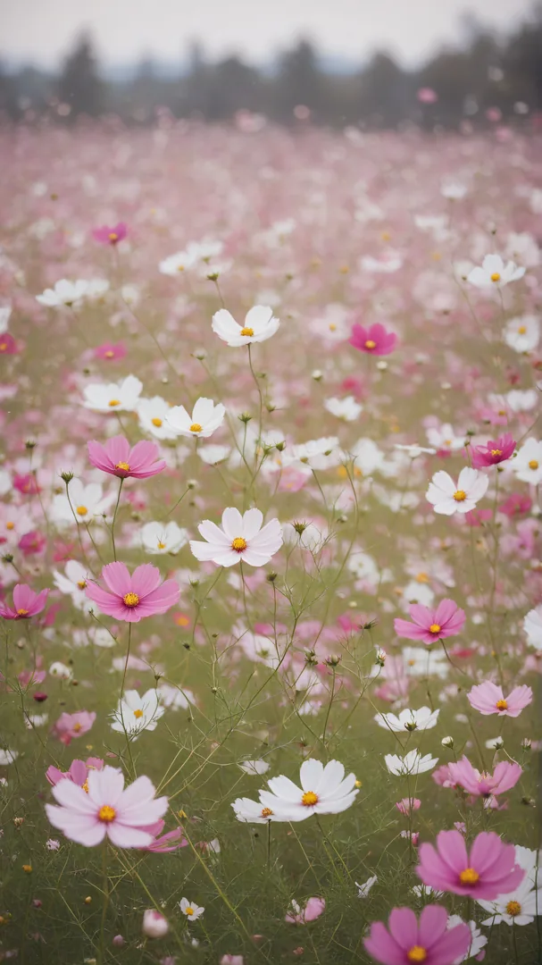 Campo abierto con flores silvestres en tonos rosados y blancos