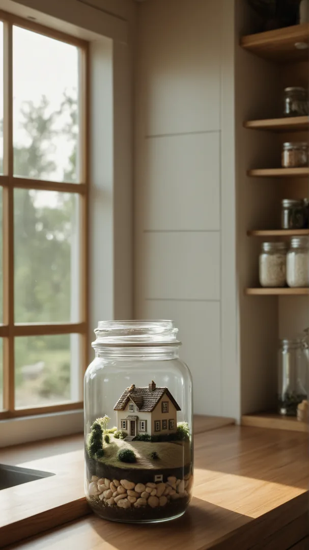Miniatura de casa en terrarium dentro de jarra de vidrio sobre mesa de madera