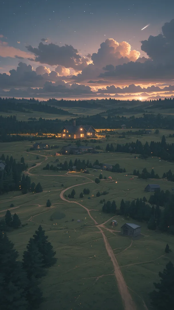 Vista aérea de una propiedad rural en campo abierto al atardecer