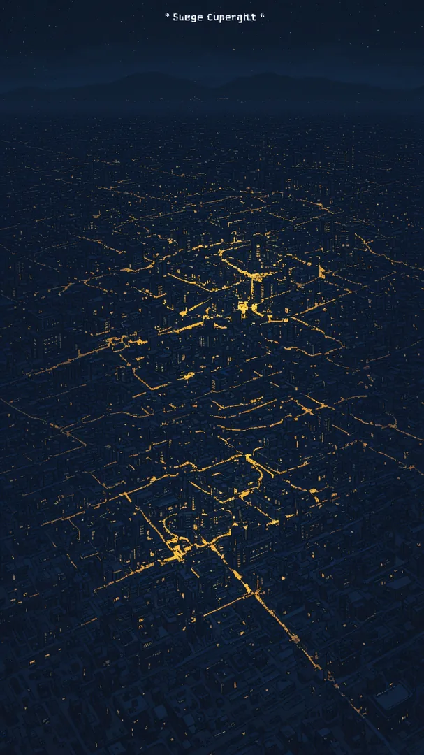 Vista aérea de una ciudad con calles iluminadas en la noche