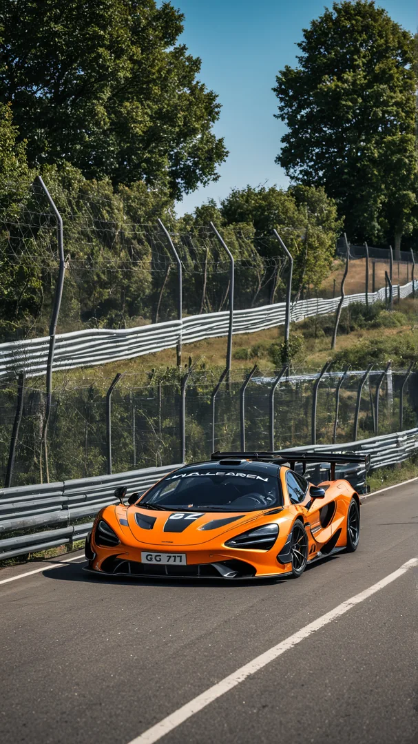 Coche deportivo naranja en circuito con barreras metálicas