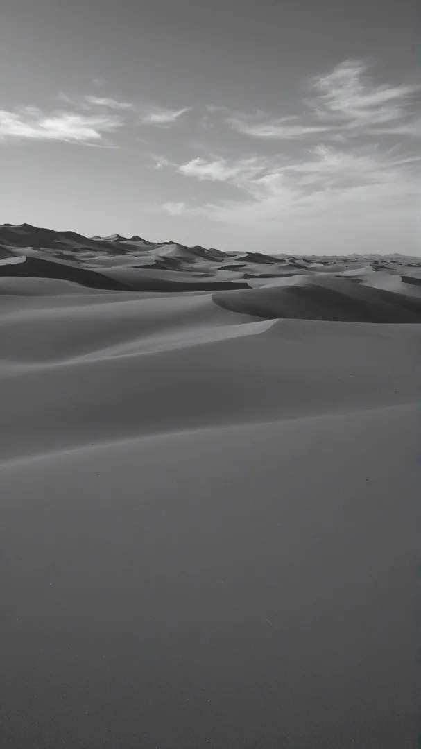 Dunas desérticas en blanco y negro con cielo parcialmente nublado