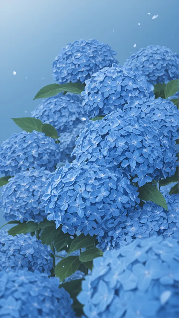 Grupo de flores azules con hojas verdes y fondo celeste