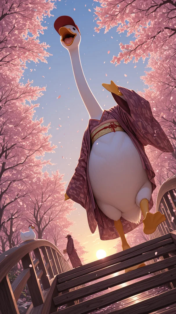 Ganso con kimono en puente entre árboles de cerezo en flor