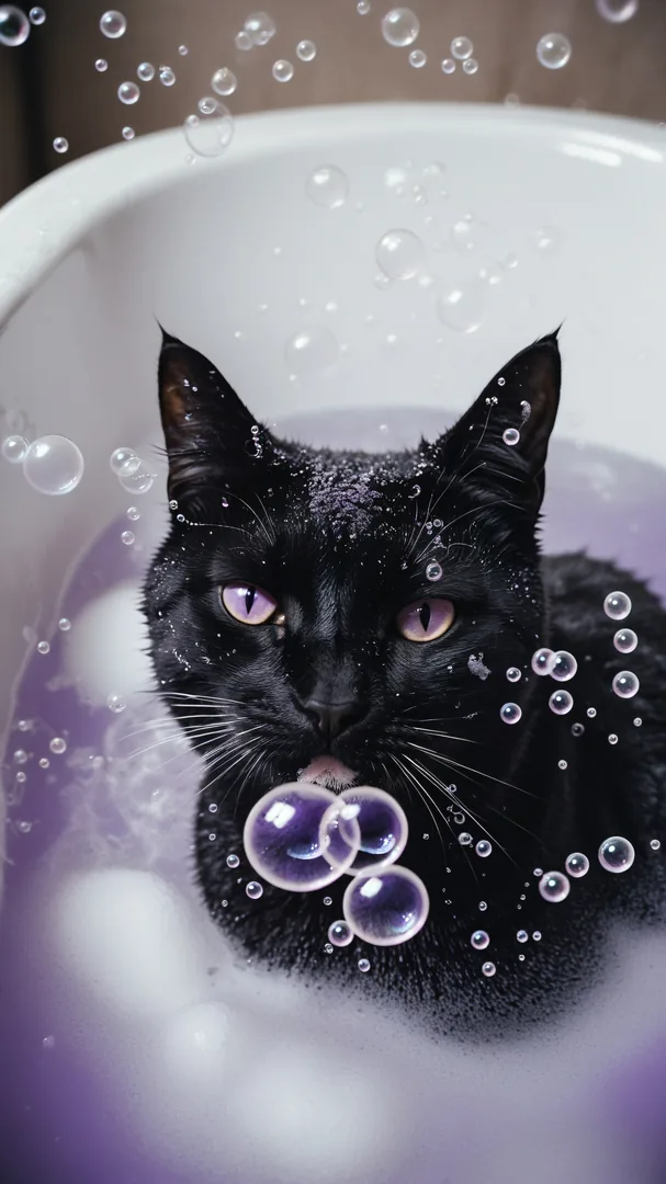 Gato negro en bañera con burbujas flotantes