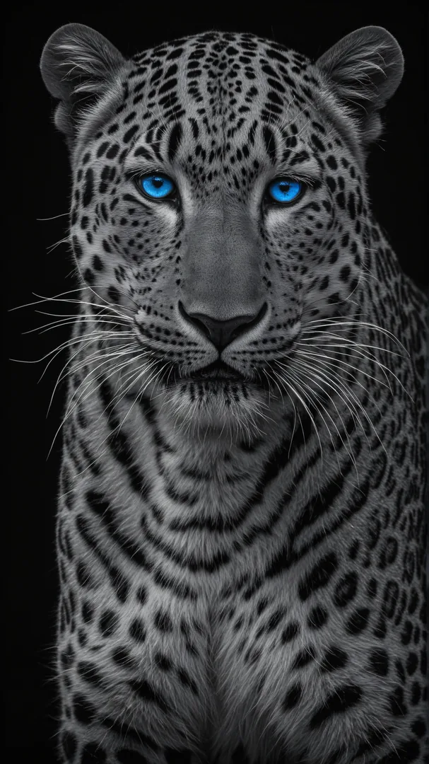 Leopardo en blanco negro con ojos azules contra fondo oscuro