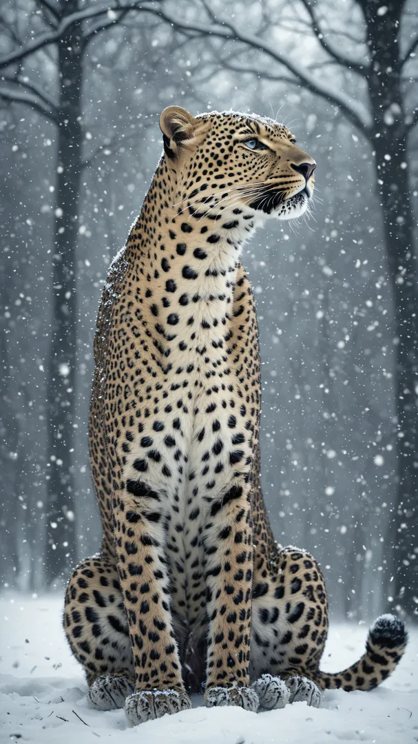 Leopardo en posición sentada sobre nieve en bosque invernal