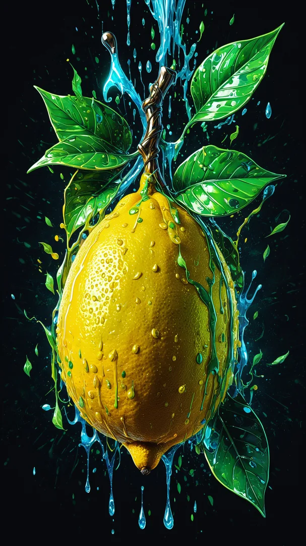 Limon con salpicaduras de agua y hojas en entorno oscuro