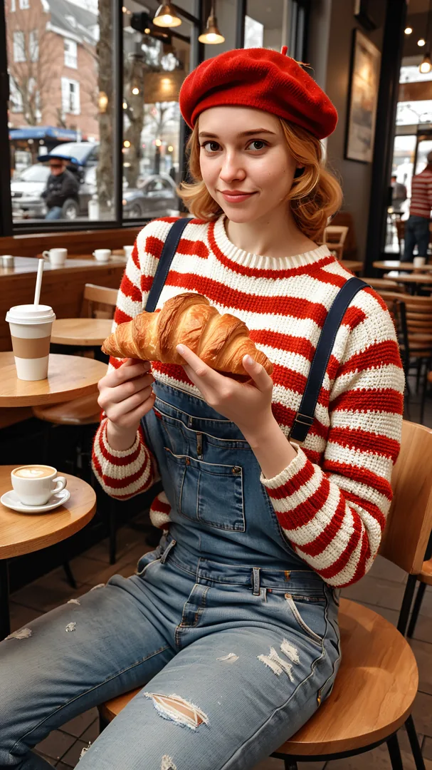 Persona con croissant en un café interior