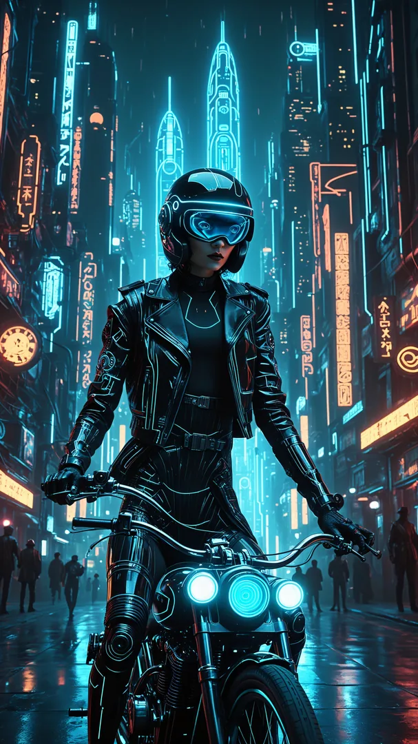 Persona en moto en ciudad futurista bajo lluvia con luces neón
