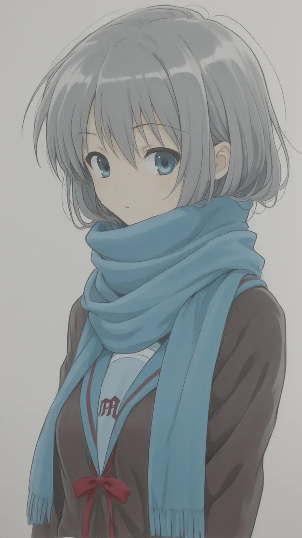 Chica anime con bufanda azul y chaqueta marrón