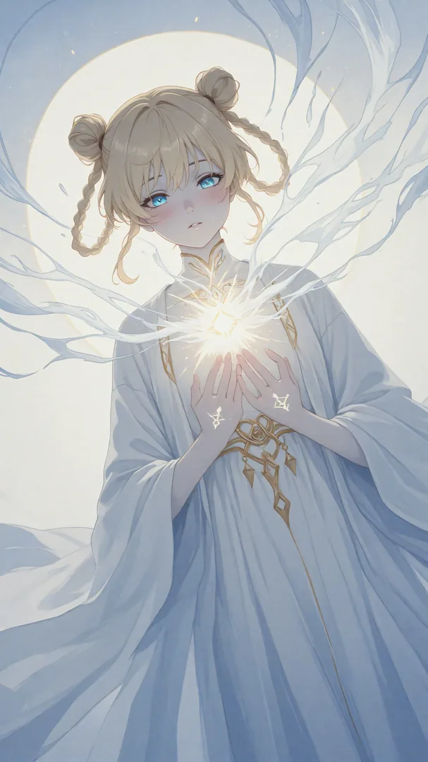 Niña en vestido azul sosteniendo una luz brillante