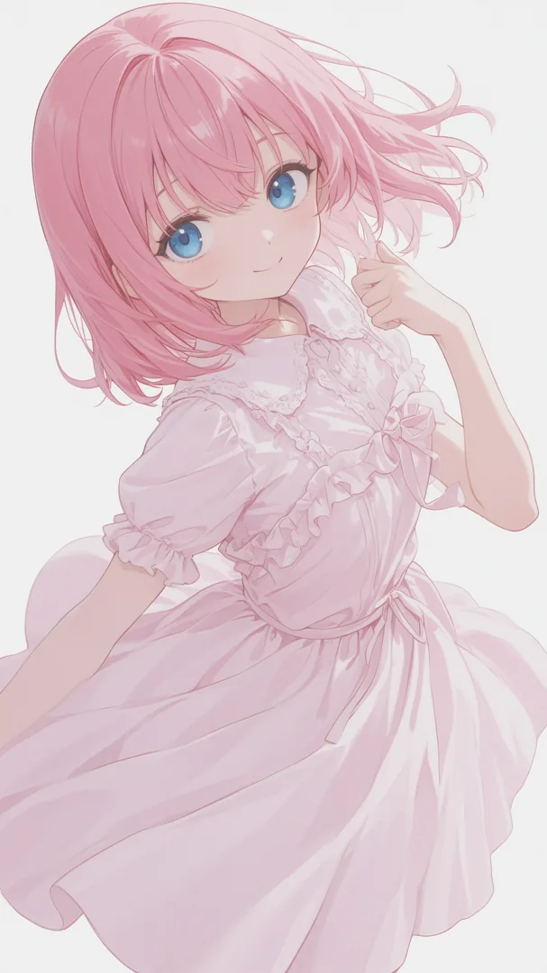 Niña en vestido de flores con cabello largo rosa