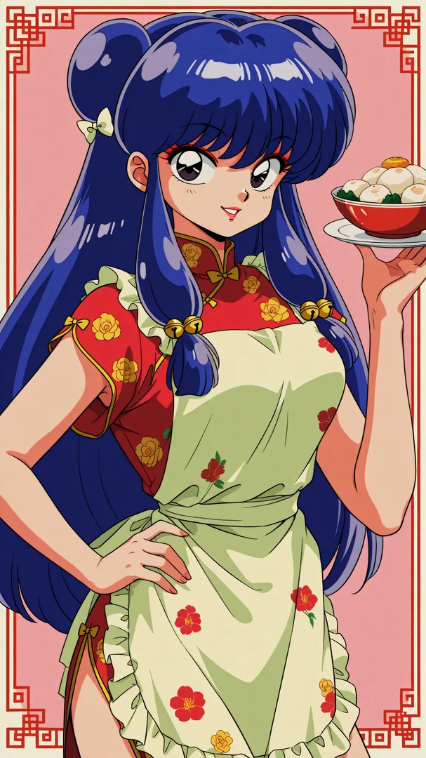 Niña en atuendo floral sosteniendo plato de comida