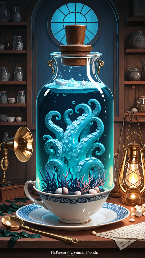 Octopús en frasco de cristal sobre taza decorativa en estudio antiguo