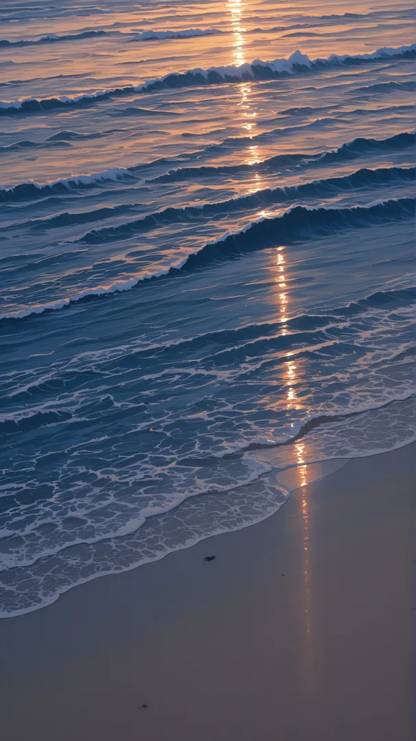 Olas rompiendo en la playa al atardecer con reflejos solares