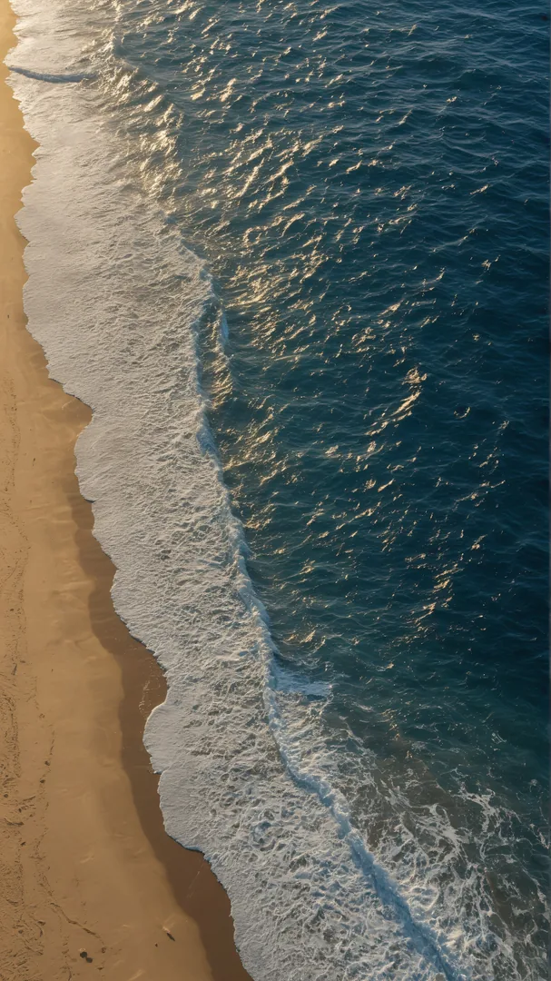 Olas rompiendo suavemente sobre arena dorada en vista aérea