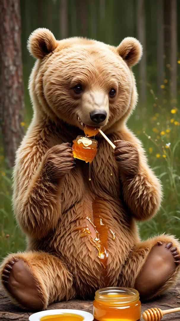 Oso sentado en bosque comiendo miel con cuchara