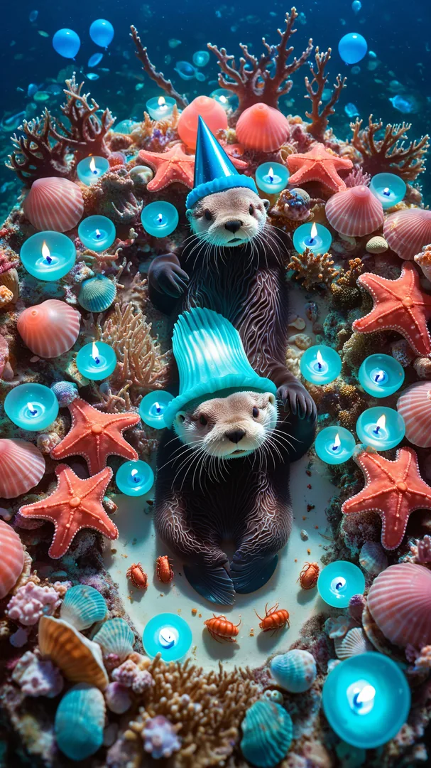 Dos ototes en coral con velas y conchas bajo el agua