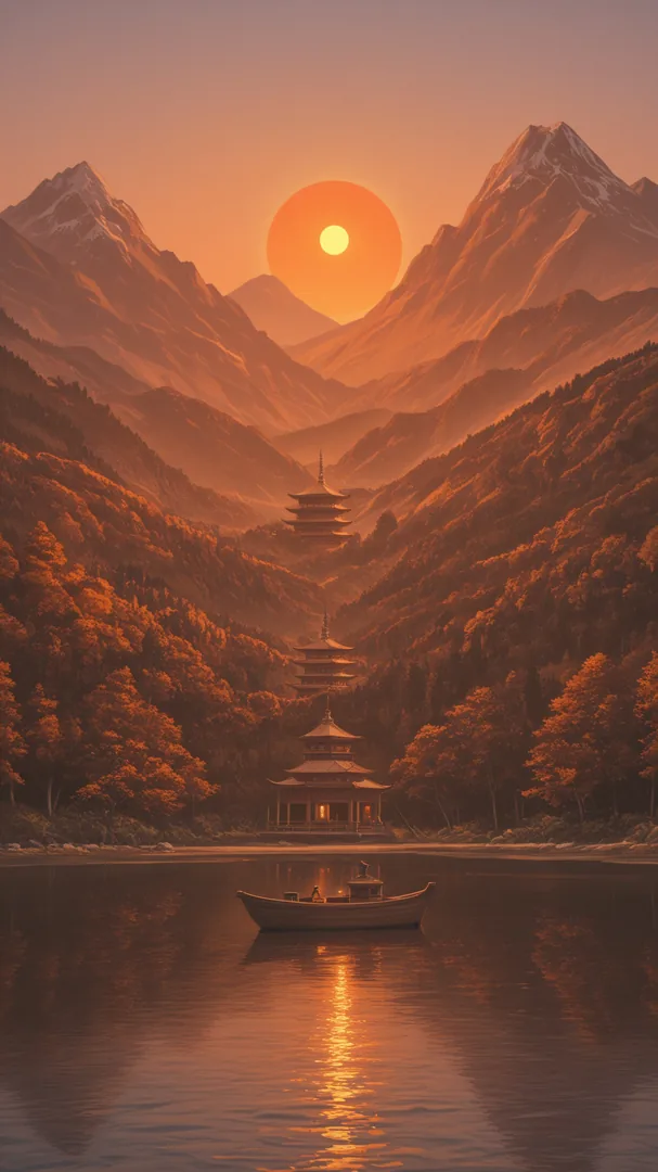 Montaña con templo y barco en lago al atardecer