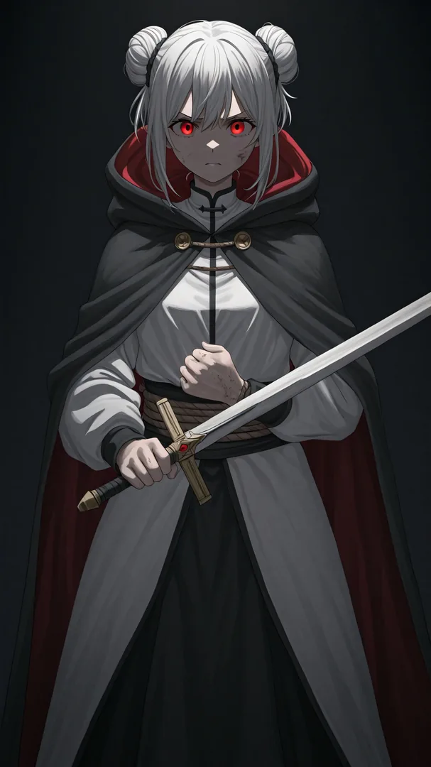 Persona con capa larga sosteniendo espada en entorno oscuro