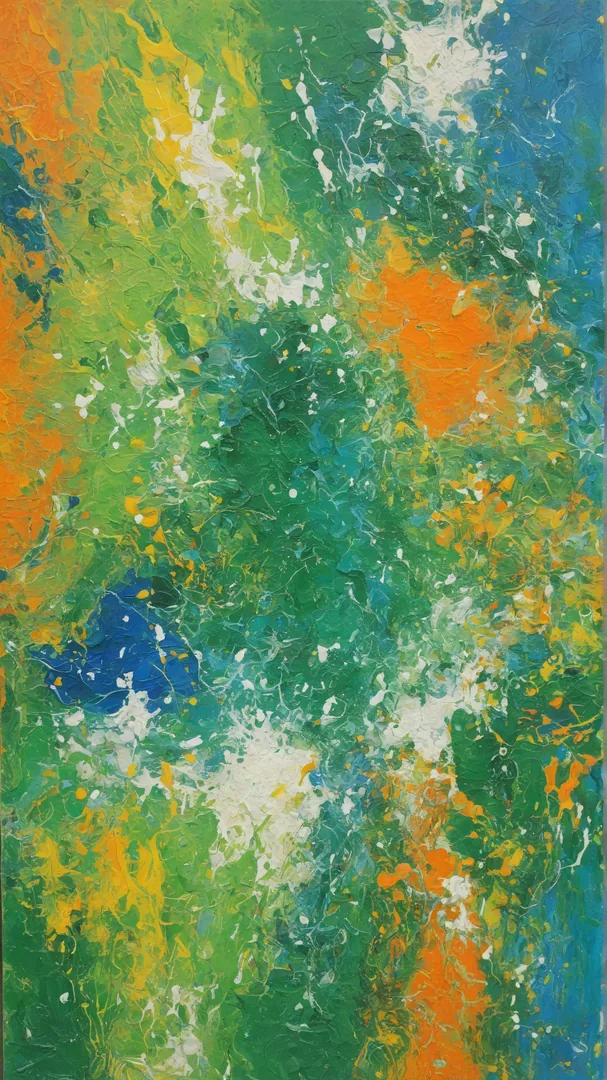 Pintura abstracta con manchas de color verde, azul y naranja