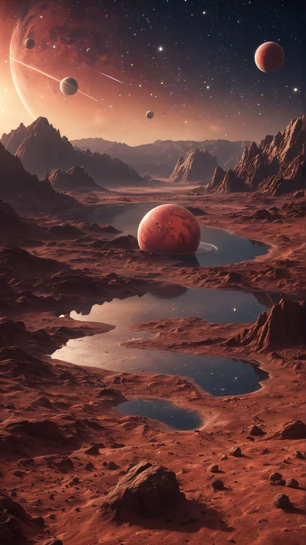 Lagos en superficie rocosa de un planeta con montañas al fondo