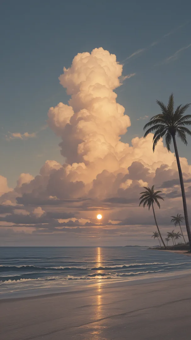 Playa costera con nubes grandes y palmeras al atardecer