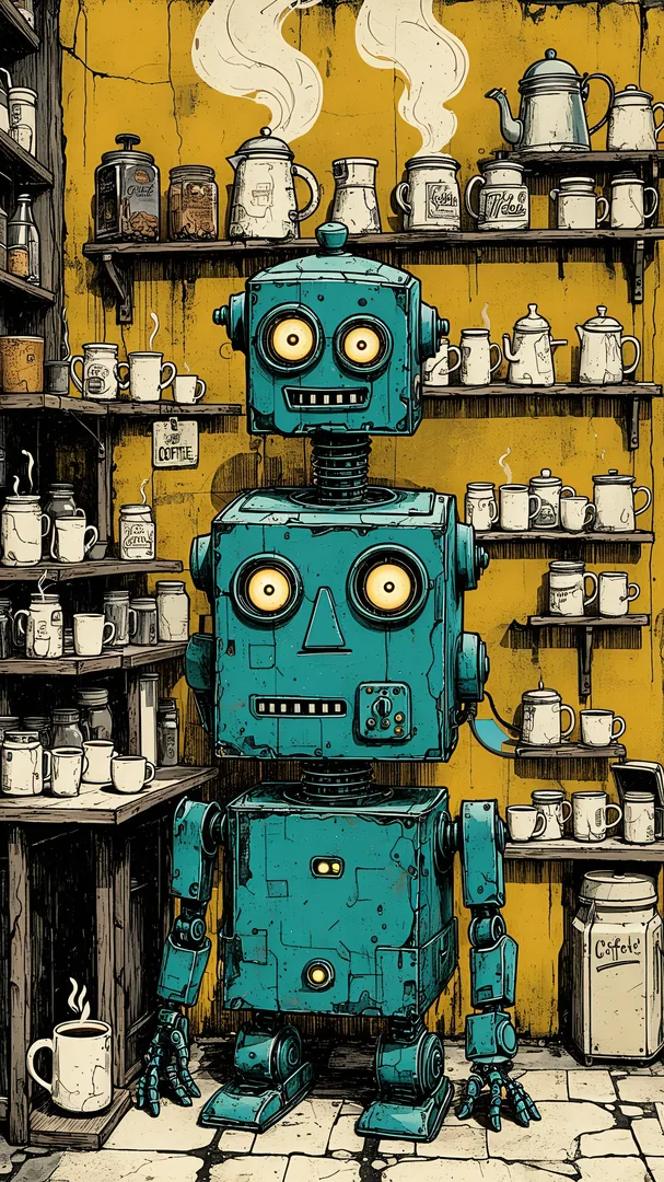 Robot de metal en tienda de café con tazas y ollas en estantes