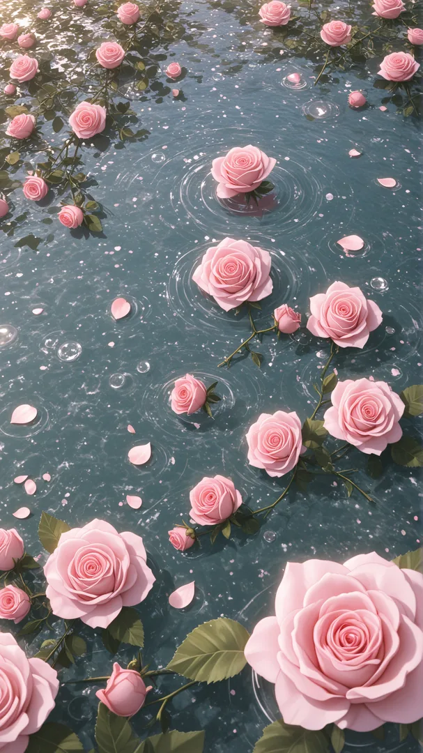 Flores rosas flotando en agua con gotas de lluvia