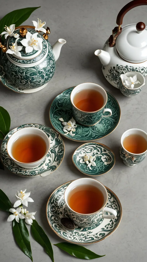 Tazas de té con patrones florales y flores frescas