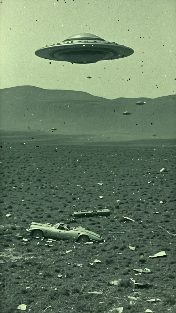 Vehículos dañados en campo abierto bajo presencia de naves extraterrestres