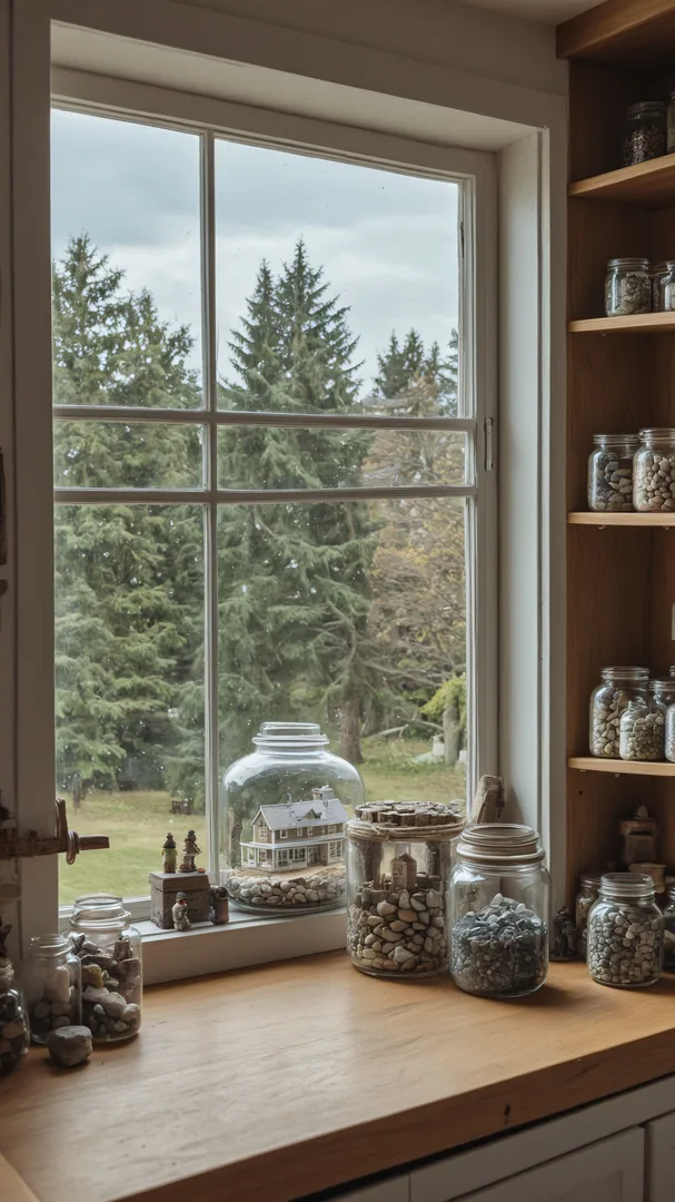 Ventana con jarrones de piedras y vista de bosque