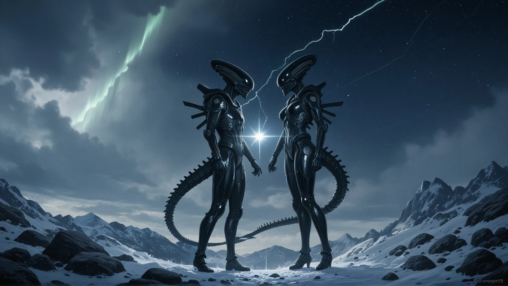 Dos criaturas alienígenas en un paisaje montañoso nevado bajo tormenta