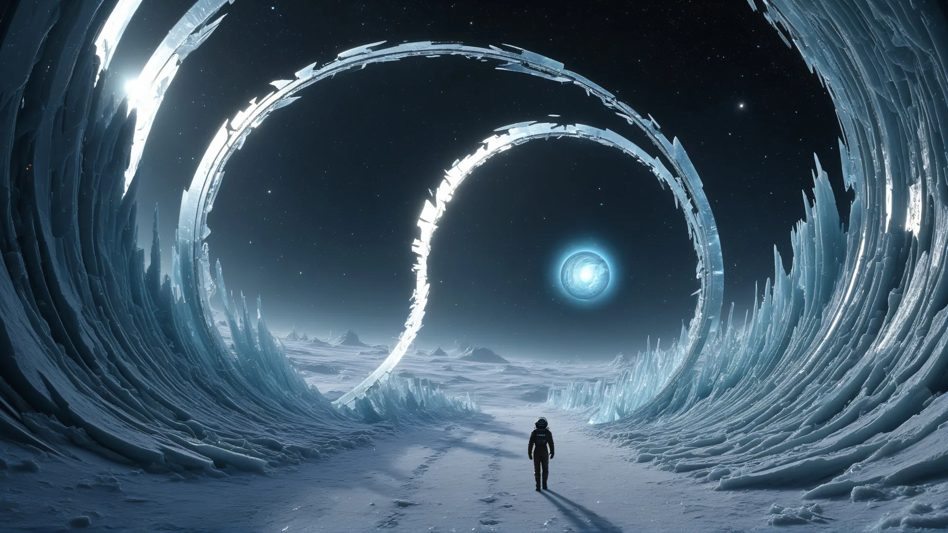 Explorador en túnel helado con anillos luminosos