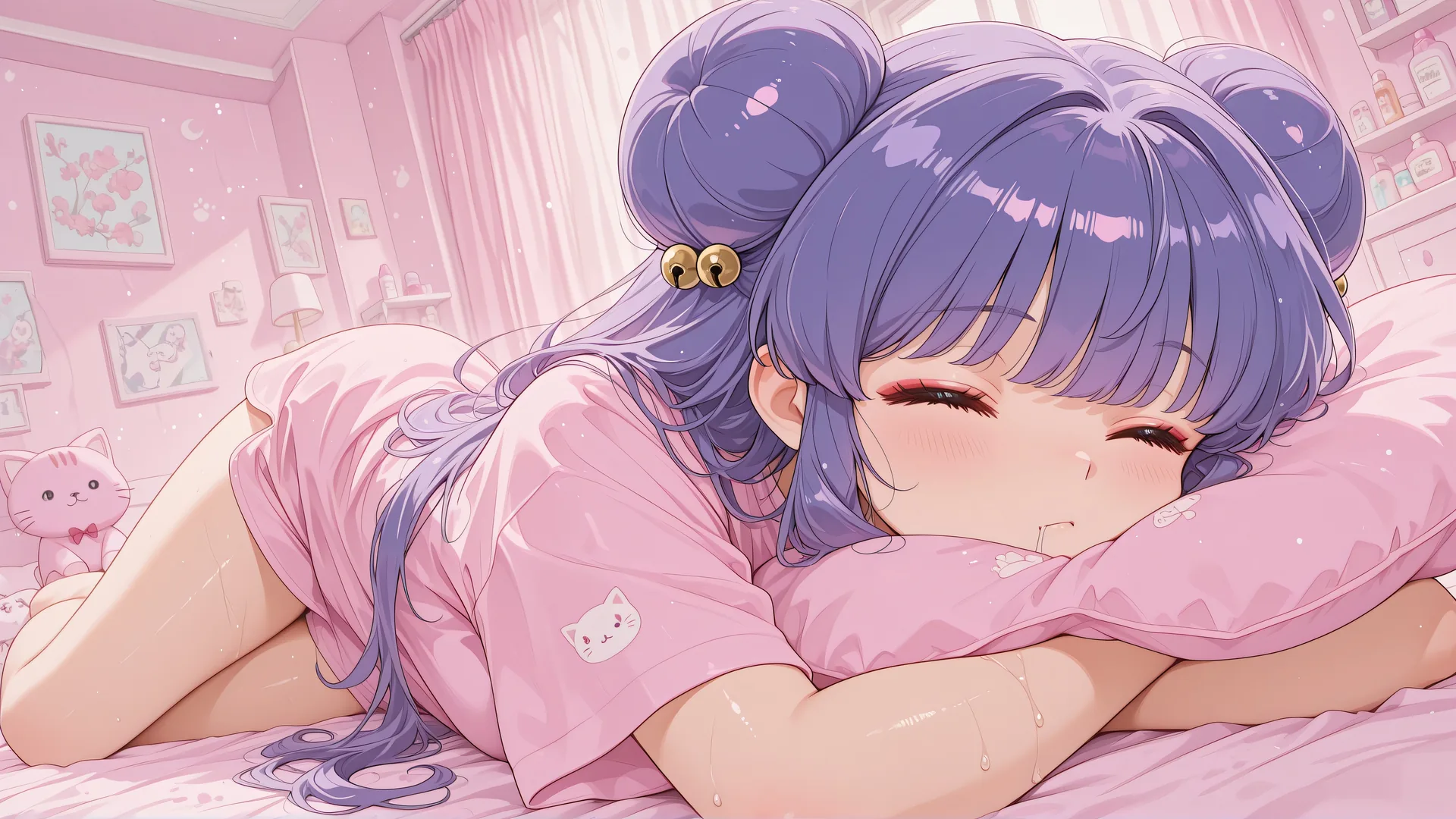 Chica anime con dos coletas dormida en cama rosa