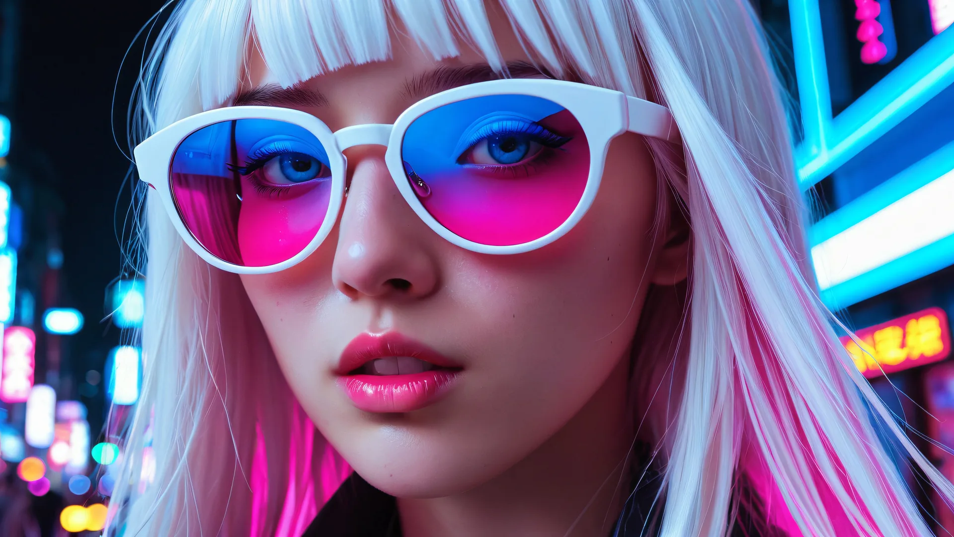 Chica con gafas y cabello blanco frente a iluminación neon