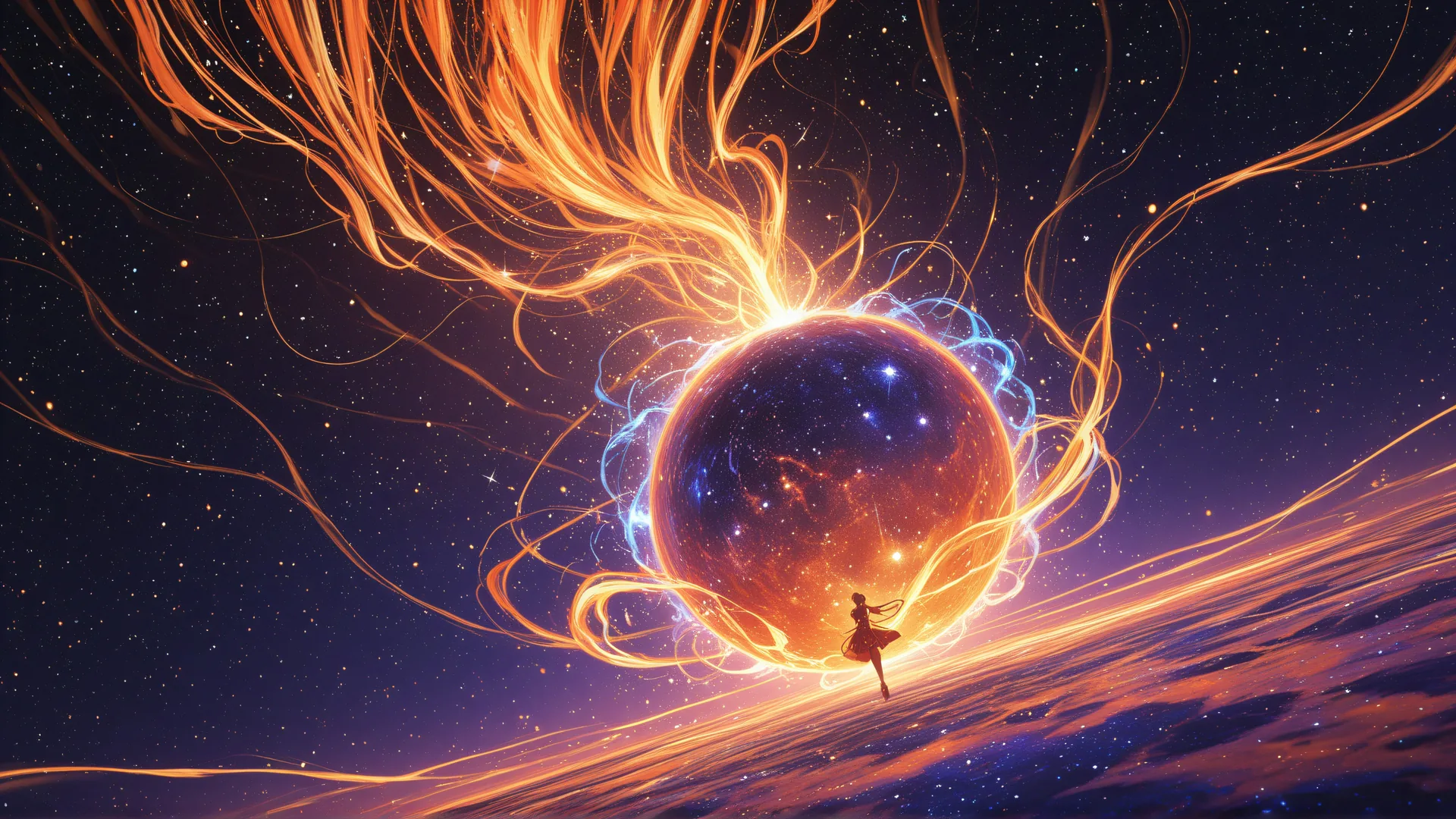 Chica frente esfera cósmica en espacio estrellado
