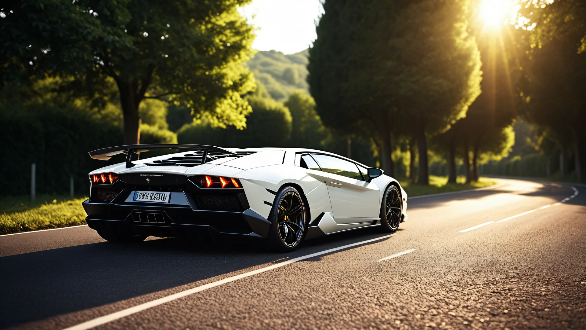 Lamborghini blanco en carretera arbolada bajo sol