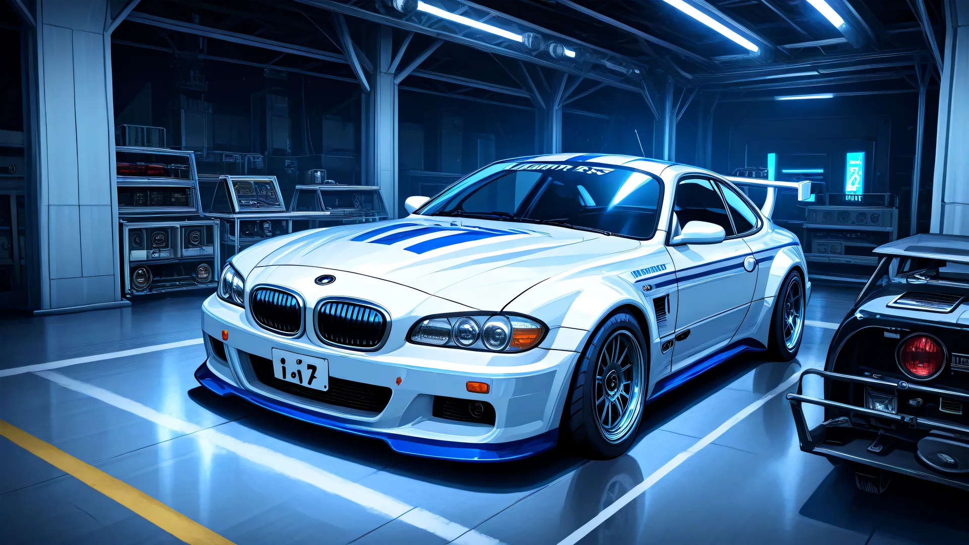 Coche blanco con detalles azules en garaje industrial iluminado