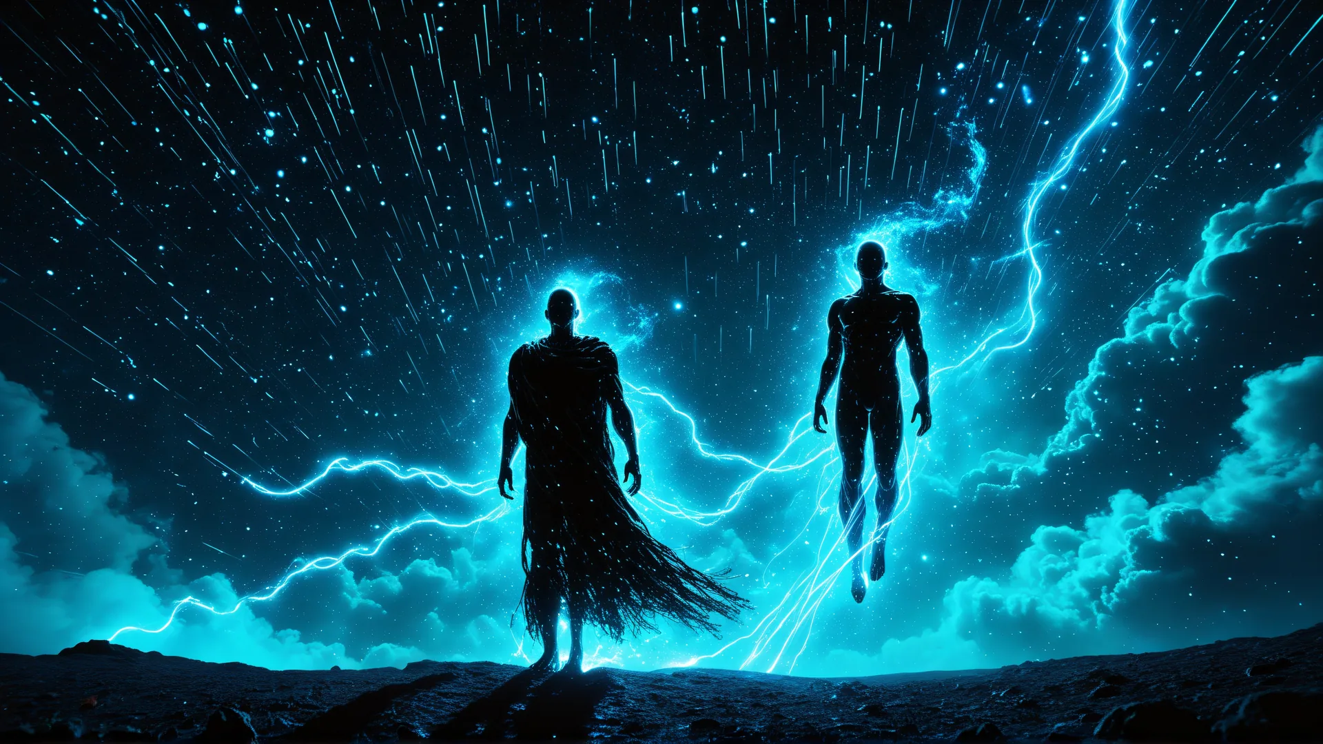 Dos figuras humanas bajo un cielo con relámpagos azules y estrellas